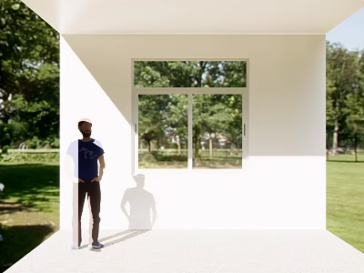 Modern Sunlit Sliding Windows On White Building Terrace With Green Trees And Grass 3d model