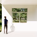Modern Sunlit Sliding Windows On White Building Terrace With Green Trees And Grass