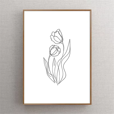 Minimalist Line Art Plant Drawing with Tulip Flowers on White Background for Wall Decor 3d model