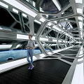 Futuristic Tech Inspired Passage With Geometric Metal Frames LED Lighting And Glass Panels