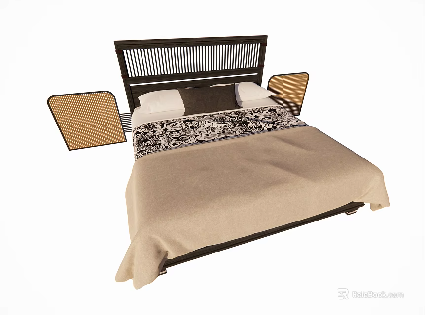 Double Bed with Black Rattan Headboard Beige Blanket and Patterned White Pillows 3d model