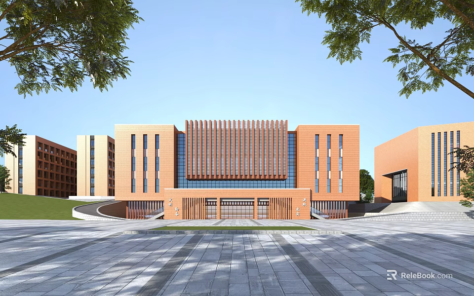 Modern Red Brick School Building With Main Facade Entrance Plaza And Surrounding Trees 3d model 