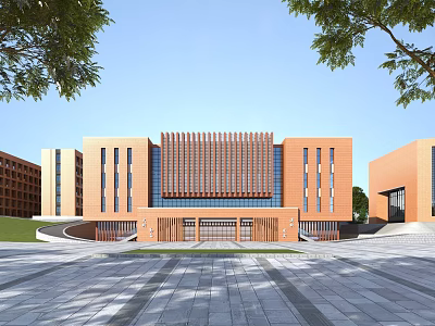 Modern Red Brick School Building With Main Facade Entrance Plaza And Surrounding Trees 3d model