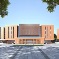 Modern Red Brick School Building With Main Facade Entrance Plaza And Surrounding Trees