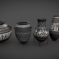 Ancient Pottery Vases With Intricate Black White Patterns Displayed In A Row With Geometric Symbols