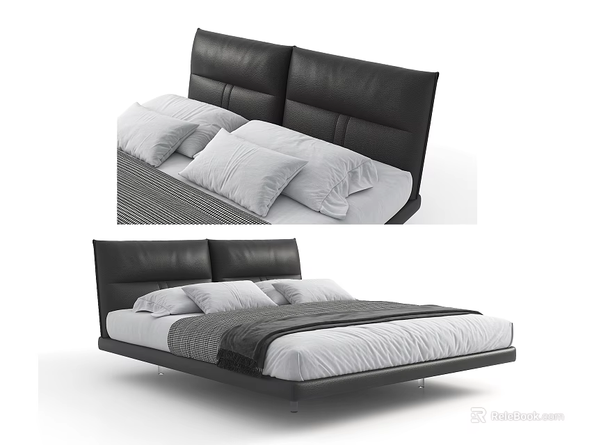Modern Double Bed With Black Leather Headboard White Pillows And Gray Bedspread 3d model 