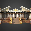 Cartoon Scene Of Classical Building With Columns Domes And Golden Decorations Steps