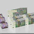 Artistic Decorative Ornament Set with Rolled and Stacked 50 Denomination Banknotes on White Background