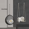 Modern Indoor Hanging Chairs With Black Mesh And Woven Designs Gray Cushion And White Fabric