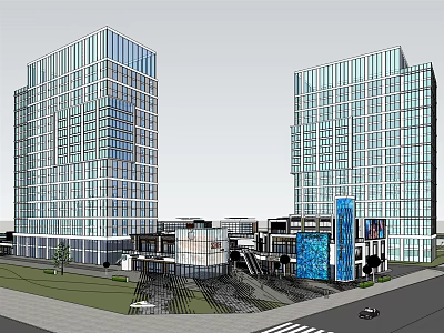 Modern High Rise Office Building Complex With Glass Facade And Urban Commercial Area 3d model