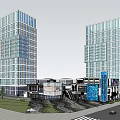 Modern High Rise Office Building Complex With Glass Facade And Urban Commercial Area