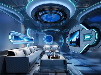 Futuristic Hi Tech KTV Interior With Blue Lighting Circular Decor Sofas Coffee Table And LED Screen 3d model