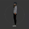 3D Character Model Featuring Blue Gray Hair Patterned Scarf Gray Sweater Black Pants White Sneakers