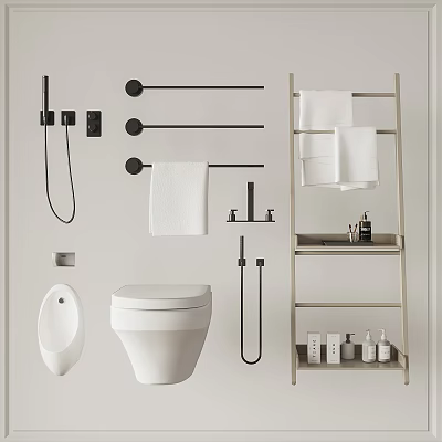 Modern Bathroom Set Including Toilet Urinal Towel Rails Shower Head And Storage Shelf 3d model