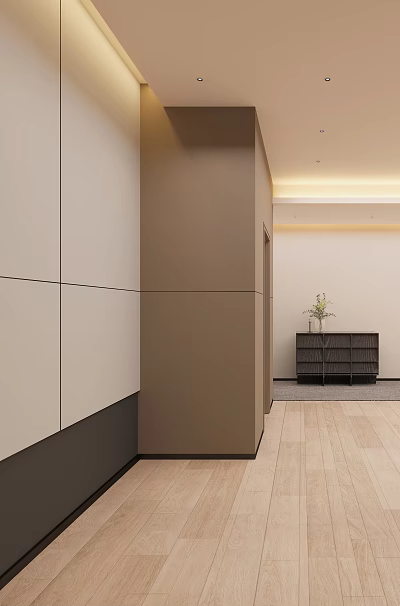Modern Public Office Space With Light Walls Brown Column Wooden Floor And Green Plant 3d model