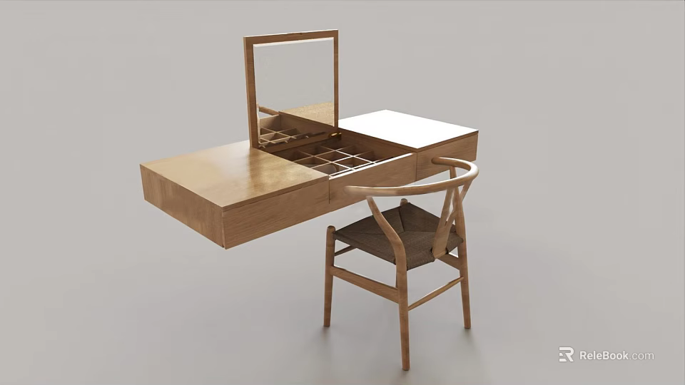 Simple Wooden Dressing Table With Rectangular Mirror Drawer Storage And Matching Chair 3d model