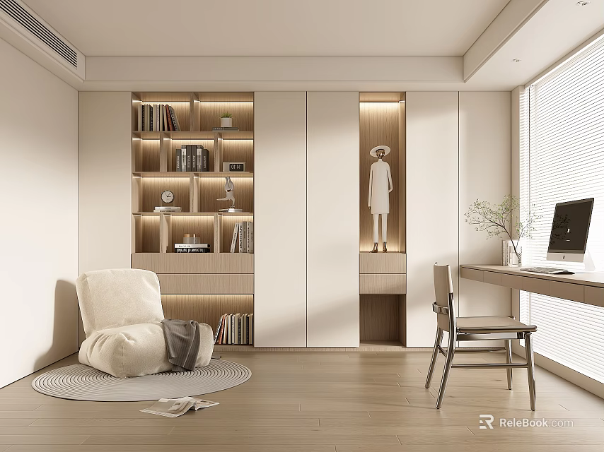 Modern Study Room Interior With Lighted Bookshelves Cozy Seat Wooden Desk And Computer 3d model 