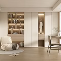 Modern Study Room Interior With Lighted Bookshelves Cozy Seat Wooden Desk And Computer