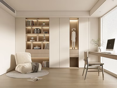 Modern Study Room Interior With Lighted Bookshelves Cozy Seat Wooden Desk And Computer 3d model