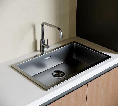 Stainless Steel Kitchen Sink with Modern Faucet on Light Colored Countertop in Contemporary Kitchen Setting 3d model
