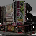 Cartoon Style Commercial Street Scene With Vibrant Billboards Green Peas Signs And Japanese Characters