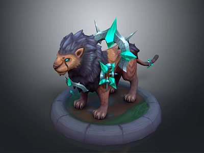 Mythical 3D Lion Figure With Blue Crystal Spikes And Dark Fur On Circular Base 3d model