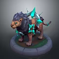Mythical 3D Lion Figure With Blue Crystal Spikes And Dark Fur On Circular Base