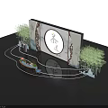 Traditional Tea Ceremony Setting With Circular Calligraphy Backdrop Bamboo Rockery And Wooden Table