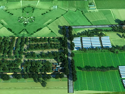 Aerial View Of Scenic Rural Garden Landscape With Lush Green Farmlands Neat Greenhouses And Country Roads 3d model