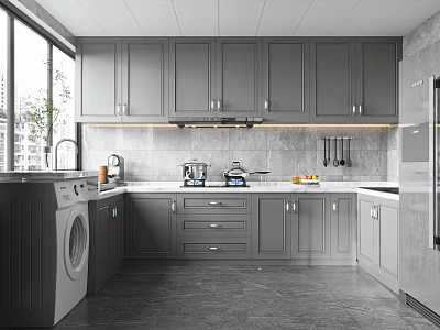 Modern Gray Kitchen Interior Design With Cabinets Countertops Appliances And Windows 3d model