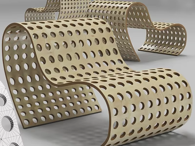 Stylish Modern Wooden Leisure Chair With Curved Design And Perforated Holes 3d model