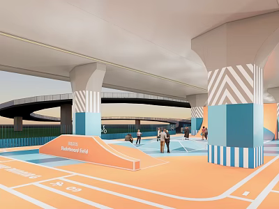 Under Bridge Park Landscape Featuring Blue White Striped Columns Orange Ground And People Enjoying Activities 3d model