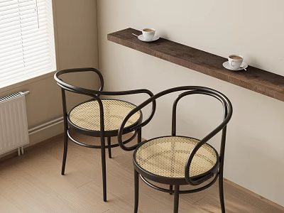 Modern Rattan Chairs With Black Frame And Wooden Shelf Coffee Cups Window Blinds Light Floor 3d model