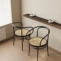 Modern Rattan Chairs With Black Frame And Wooden Shelf Coffee Cups Window Blinds Light Floor