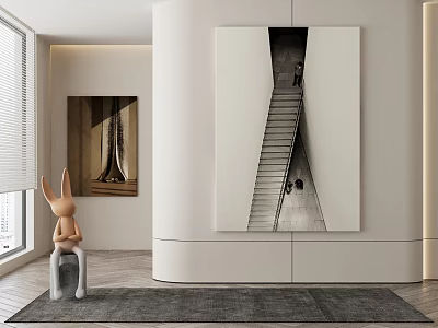 Modern Interior With Rabbit Figurine Staircase Painting And Area Rug 3d model