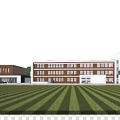 Modern School Building With Red Brick White Exterior Large Windows And Front Lawn