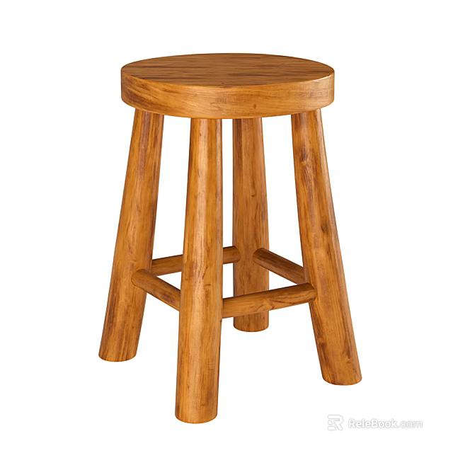 Wooden Stool With Round Seat Four Legs Natural Style And Crossbar Support 3d model 