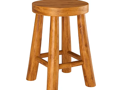 Wooden Stool With Round Seat Four Legs Natural Style And Crossbar Support 3d model