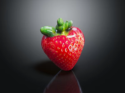 Fresh Ripe Red Strawberry with Green Leaves on Black Surface Showing Clear Reflection 3d model