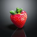 Fresh Ripe Red Strawberry with Green Leaves on Black Surface Showing Clear Reflection