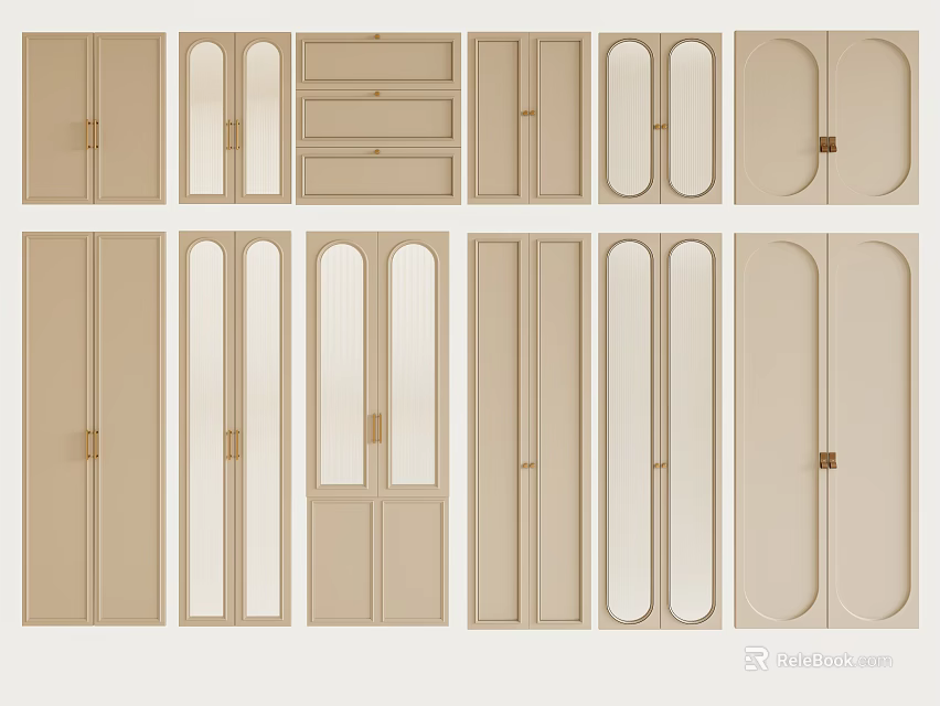 Various Styles Of Beige Cabinet Doors With Glass Panels Wooden Frames And Drawer Designs 3d model 