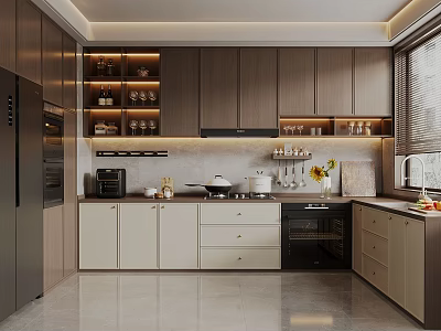 Modern Kitchen Interior Design With Dark Light Cabinets Appliances Countertop And Sunflowers 3d model