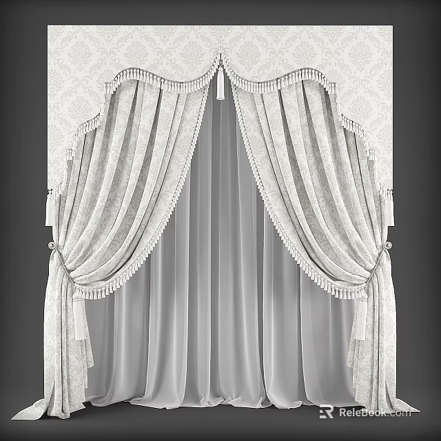 Classic Ivory Curtains With Decorative Valance Tassels And Draped Panels 3d model 