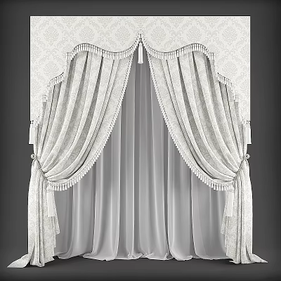 Classic Ivory Curtains With Decorative Valance Tassels And Draped Panels 3d model