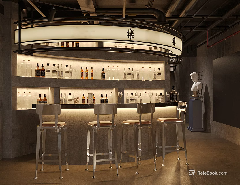 Modern Bar Interior Design With Curved Counter Bottles On Shelves And Bar Stools 3d model 