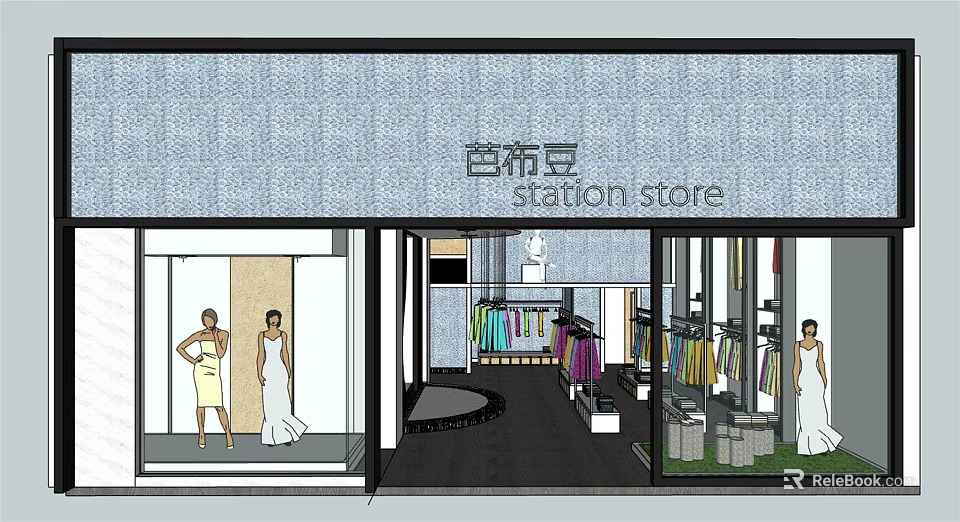 Elegant Modern Clothing Store Window Display With Fashion Mannequins And Apparel Racks 3d model 
