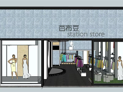 Elegant Modern Clothing Store Window Display With Fashion Mannequins And Apparel Racks 3d model