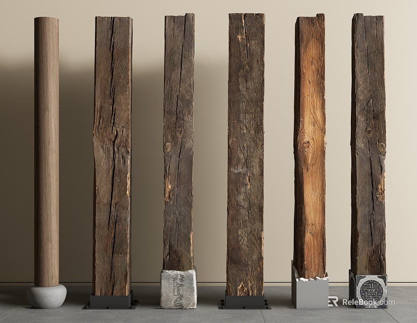 Natural Wooden Columns With Various Textures And Different Decorative Bases In Interior Design 3d model 