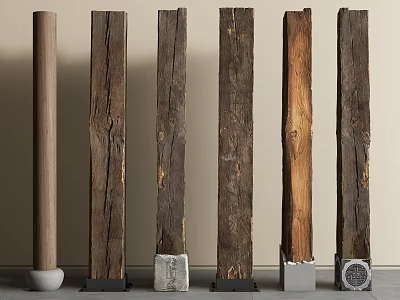 Natural Wooden Columns With Various Textures And Different Decorative Bases In Interior Design 3d model