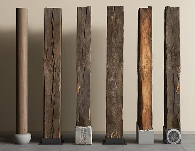 Natural Wooden Columns With Various Textures And Different Decorative Bases In Interior Design 3d model